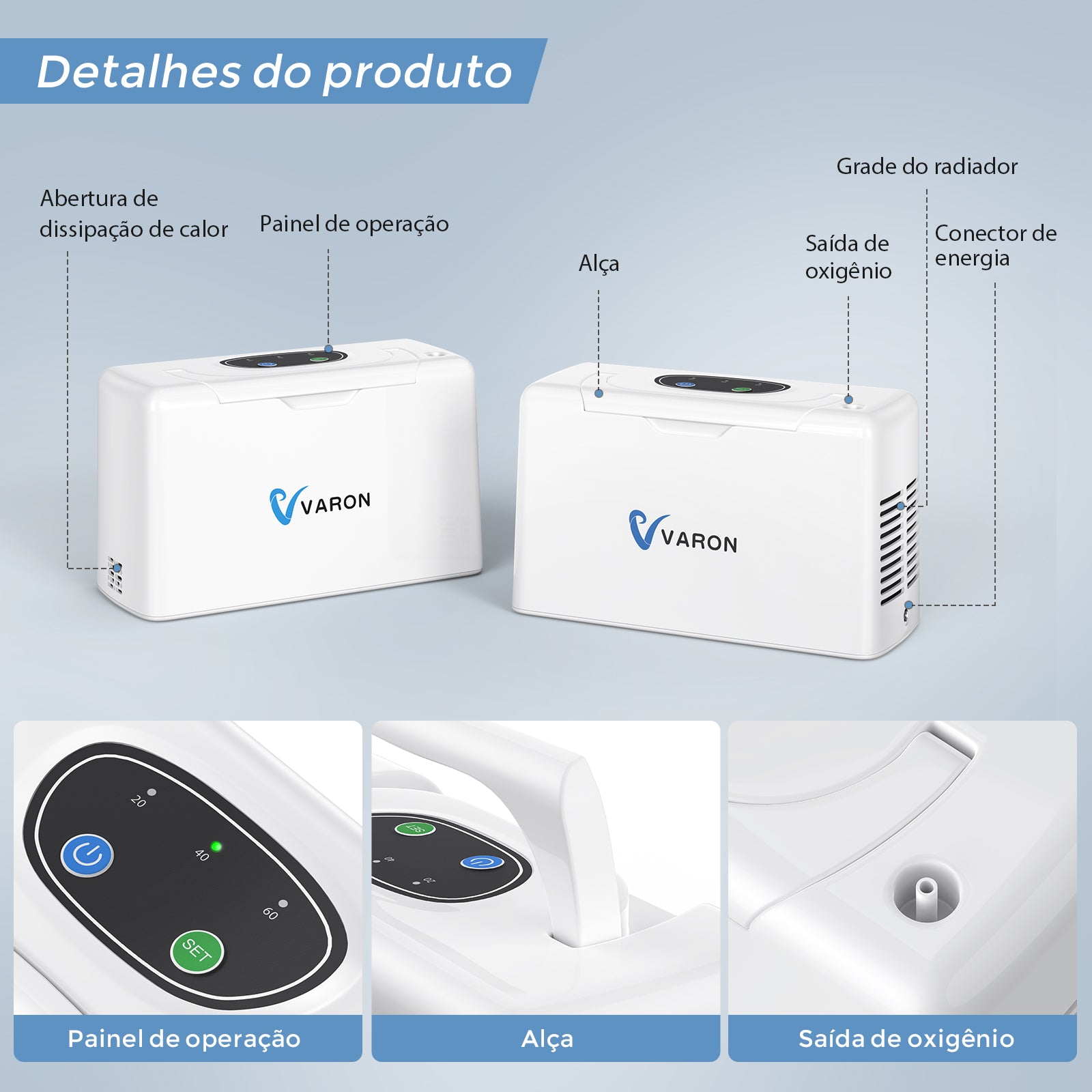 Detalhes do Concentrador de Oxigênio Portátil VARON 3L/min VL-2