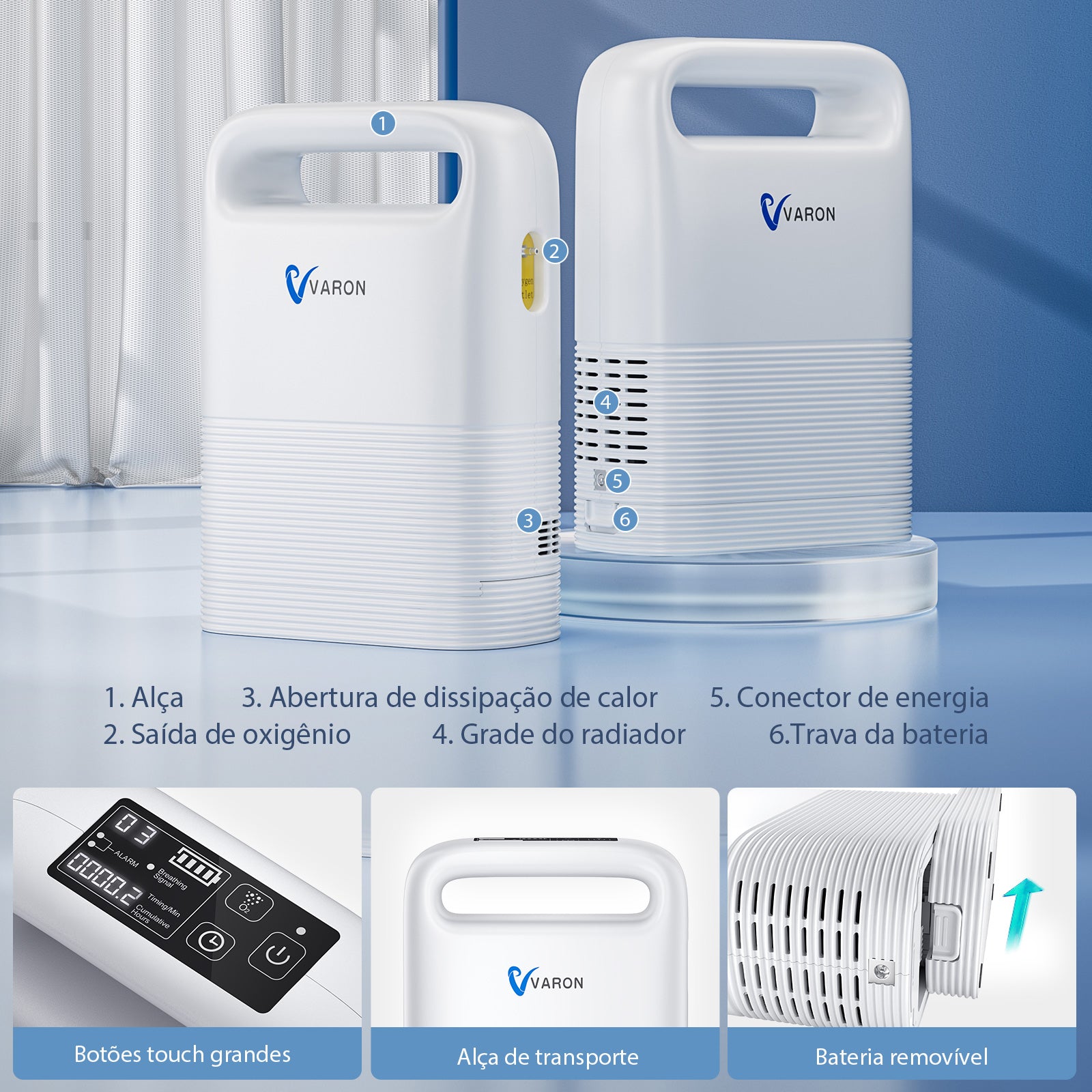 Concentrador de oxigênio portátil VARON VP-2, O painel LED é fácil de operar e a bateria é fácil de remover