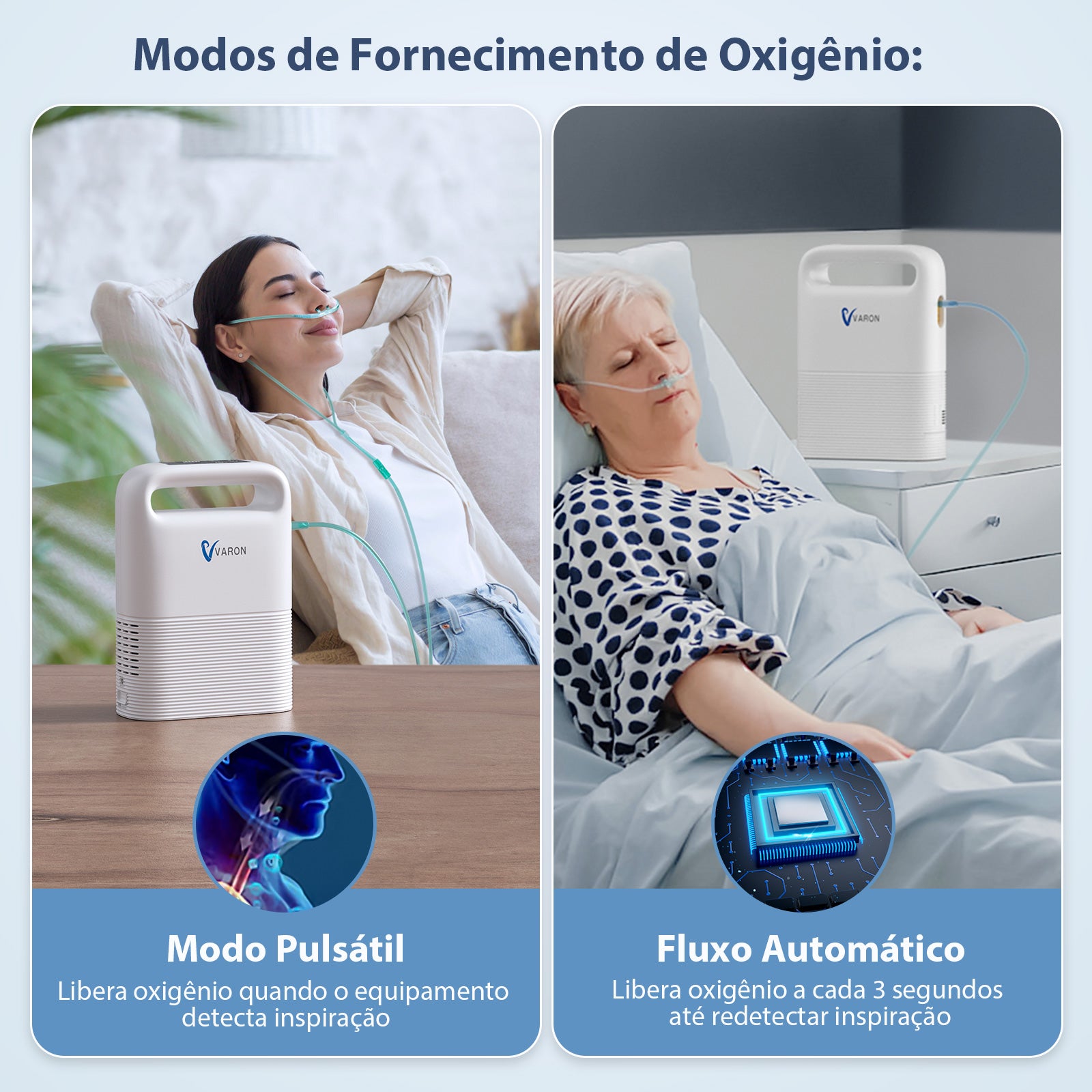 Máquina de oxigênio portátil VARON VP-2, dupla utilização para oxigenoterapia - dose pulsada e fluxo automático